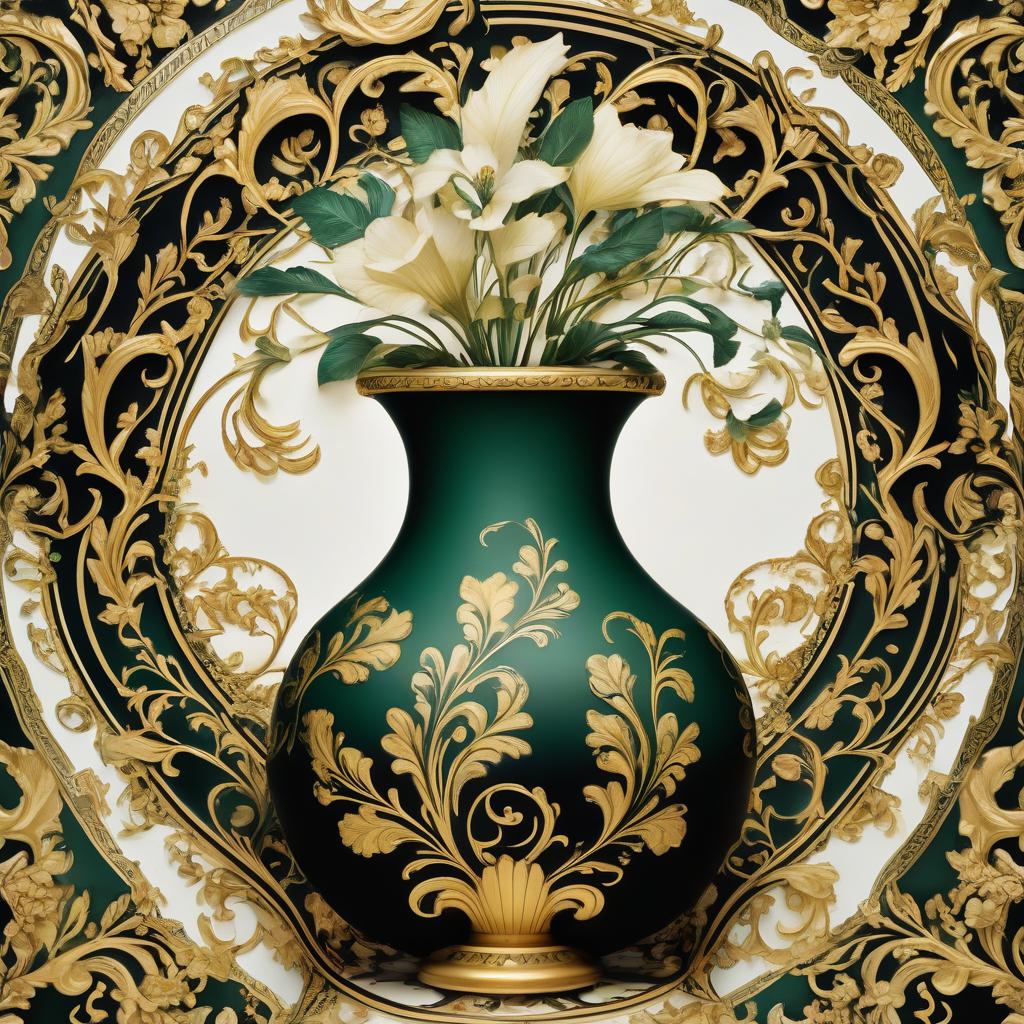  cinematic film still create a decoupage card on a white background presents a rich baroque decorative pattern with elements characteristic of the versace brand. the main colours are black, gold and blue. the gold elements form intricate ornaments in the form of vases, leaves and curls. the gold vases in the upper part of the pattern are combined with elegant plant motifs. the lower part of the pattern also features floral patterns. green lines and details emphasise the complexity and depth of the pattern, adding contrast to the black and gold combination. . shallow depth of field, vignette, highly detailed, high budget, bokeh, cinemascope, moody, epic, gorgeous, film grain, grainy