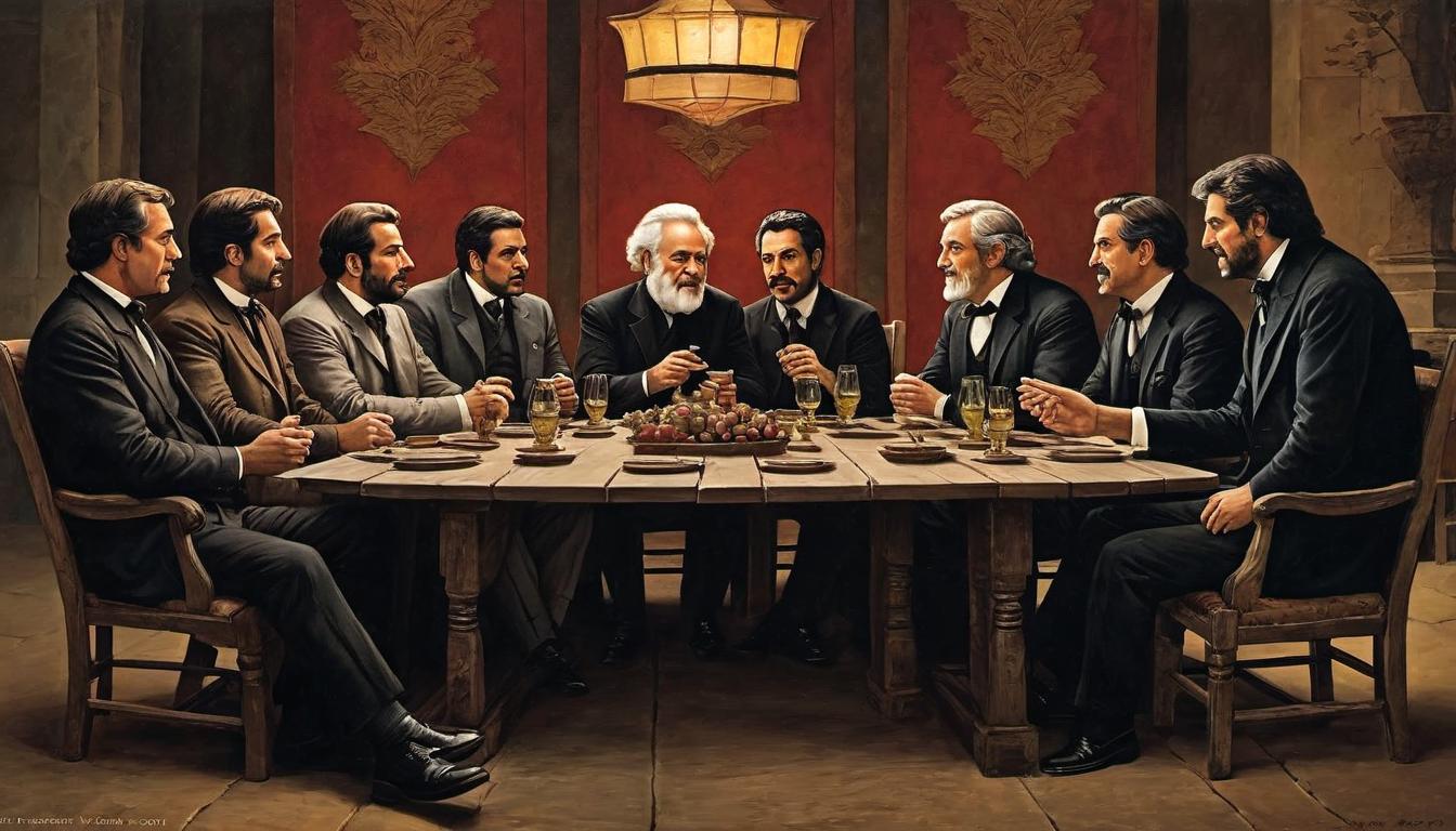  （surrealism)a friendly gathering, subtle undertones of rivalry visible in body language and expressions, a group conversation with two central figures exchanging competitive glances, background warm and inviting, false camaraderie, hidden tension mystic, intricate details, best quality)