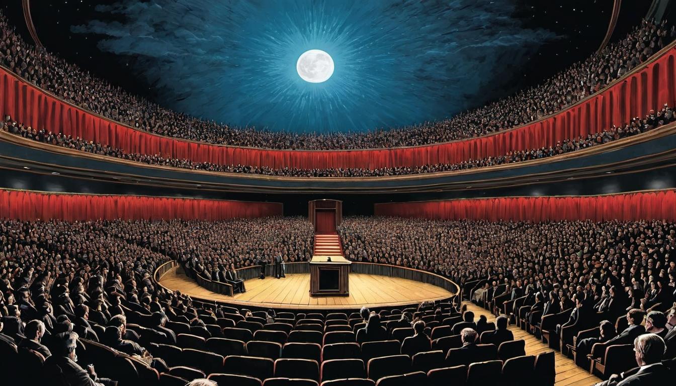  （surrealism)a large auditorium with many people listening to a speaker on stage, anticipation, acknowledgment mystic, intricate details, best quality)