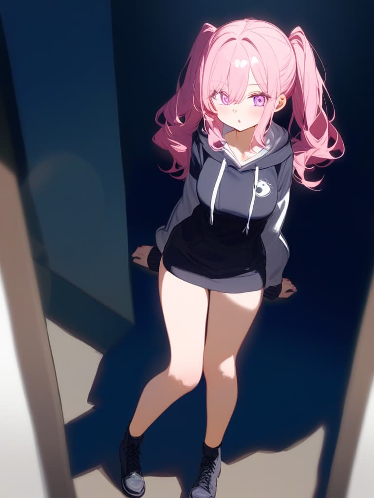  purpleeyes,girl,cute,pinkhair,twintail,wholebody,blackonepiece