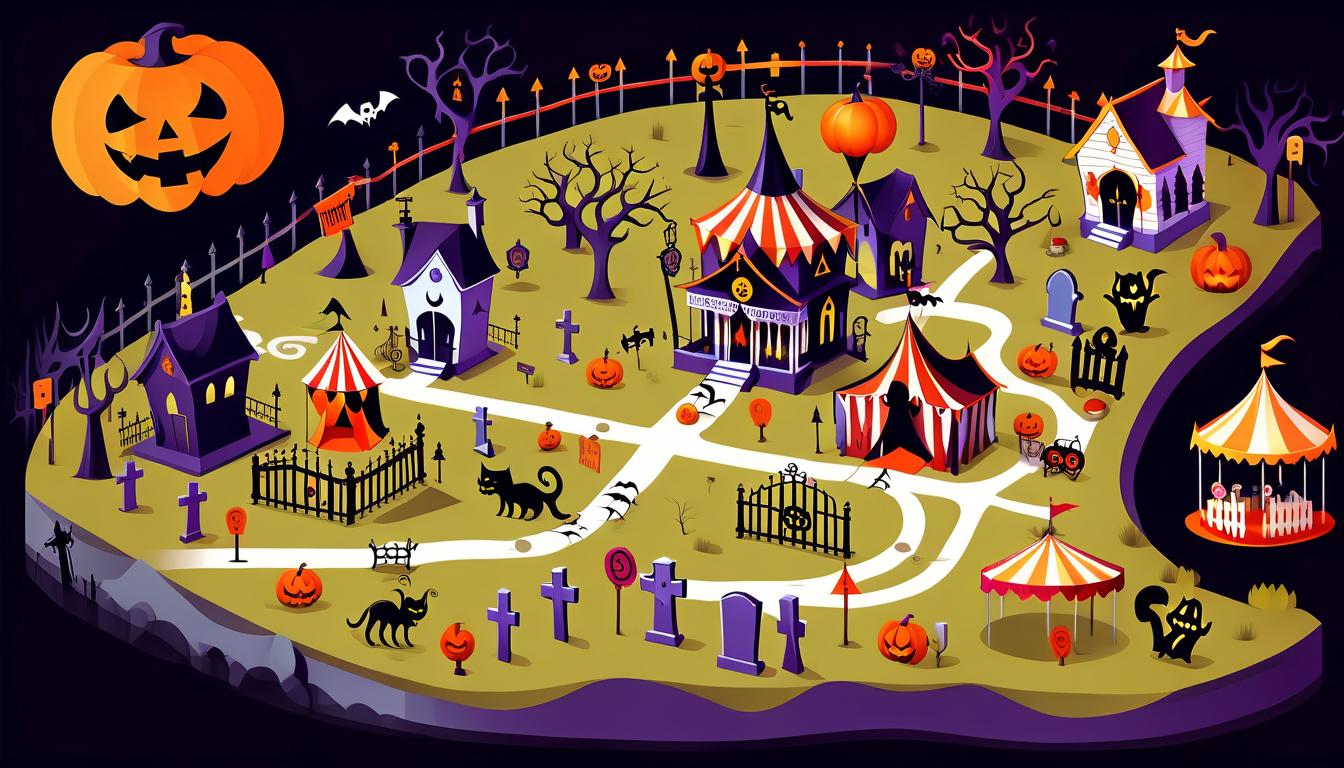  map of the area in the style of halloween on which there is a cemetery surrounded by a fence, a creepy house and a circus tent