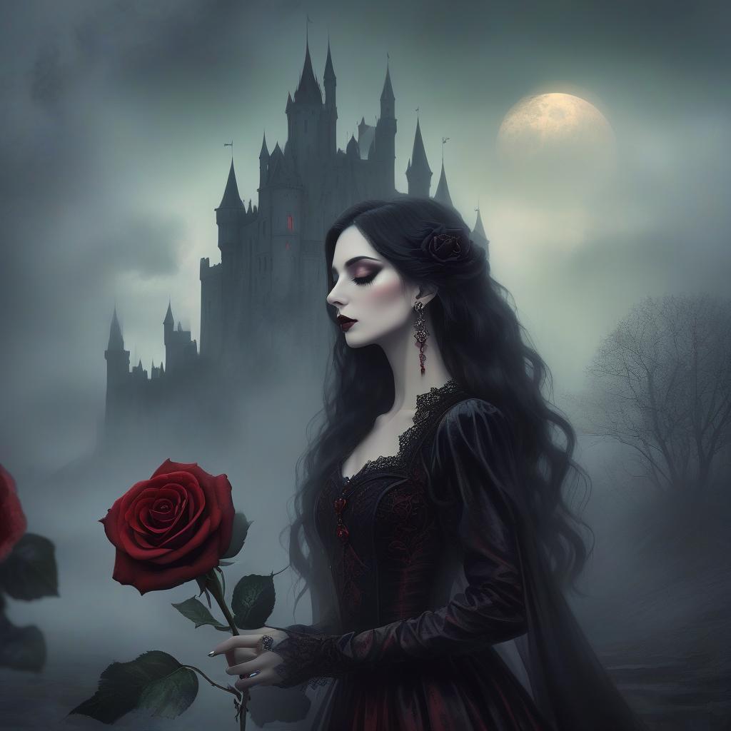  concept art a gothic styled woman holds a rose to her nose against a misty castle backdrop, exuding mystery and elegance. a gothic woman with dark, styled hair leans in to touch a black rose with deep red accents, her eyes closed in contemplation. she wears intricate lace attire, complete with lavish earrings. the background features a misty, ethereal landscape with faint, shadowy castle silhouettes, enveloped in greenish hues, enhancing the mysterious atmosphere. . digital artwork, illustrative, painterly, matte painting, highly detailed