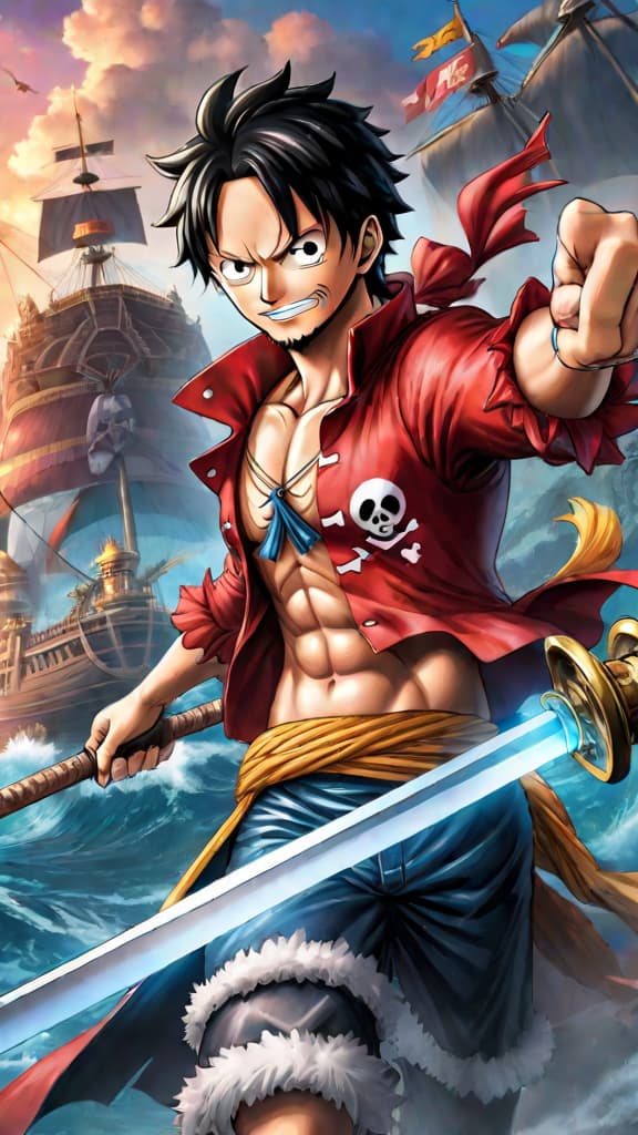  anime art: one piece film: red unraveling past secrets, igniting new adventures in the world of pirates. hyperrealistic, full body, detailed clothing, highly detailed, cinematic lighting, stunningly beautiful, intricate, sharp focus, f/1. 8, 85mm, (centered image composition), (professionally color graded), ((bright soft diffused light)), volumetric fog, trending on instagram, trending on tumblr, HDR 4K, 8K