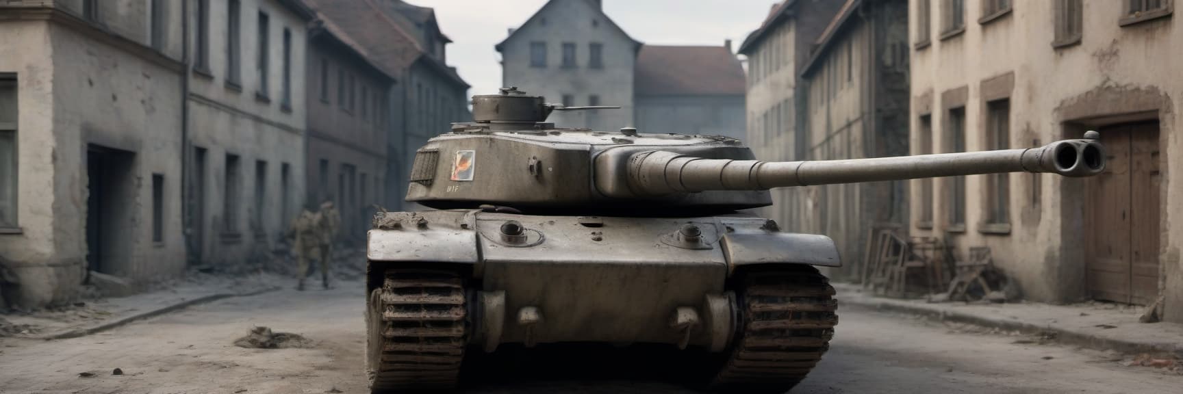  cinematic photo generate a german tiger 1 tank as similar as world war ii on a ruined street. make it even more like a tank from that historical period. paint it gray . 35mm photograph, film, bokeh, professional, 4k, highly detailed