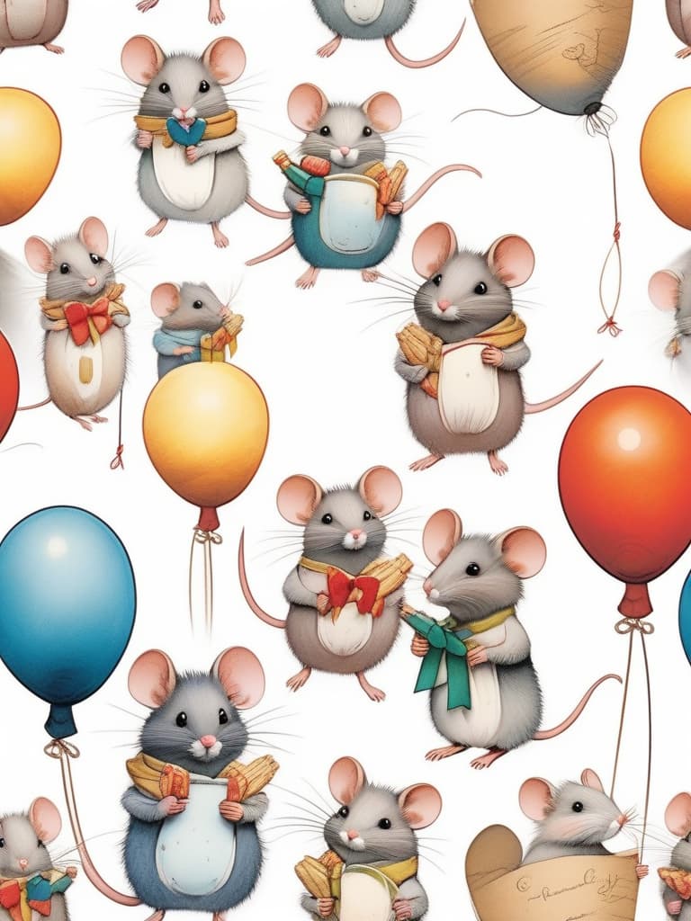  a masterpiece,(((5 cute little mice))),holding a bic red balloon 🎈,a letter tied to the end of a balloon string,acorns,smiles,good friends,fairy tale style,crayon drawing,gentle colors,delicate,detailed,