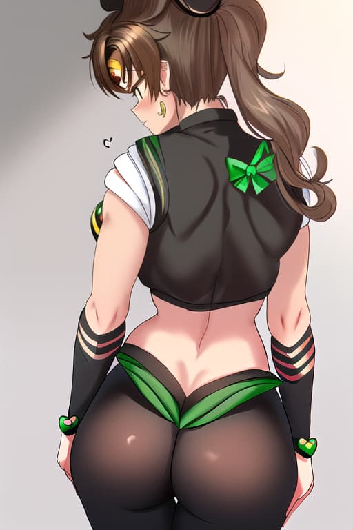  cute,black leggings,back view,big rear,(sailor jupiter:1.3), (masterpiece), (highest quality), (intricate), (high detail)