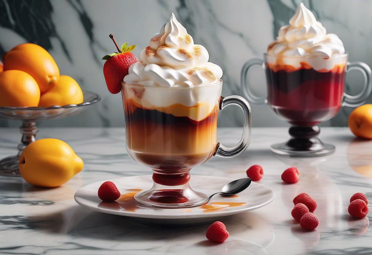  fashion editorial style delicious steaming coffee in a glass with fruit filling and whipped cream on a marble table . high fashion, trendy, stylish, editorial, magazine style, professional, highly detailed