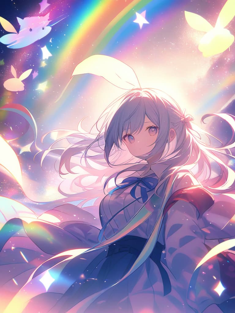  "characters with long hair tied with rabbits and ribbons, surrounded by magical rainbows and shine, and the background of bright and shining background."