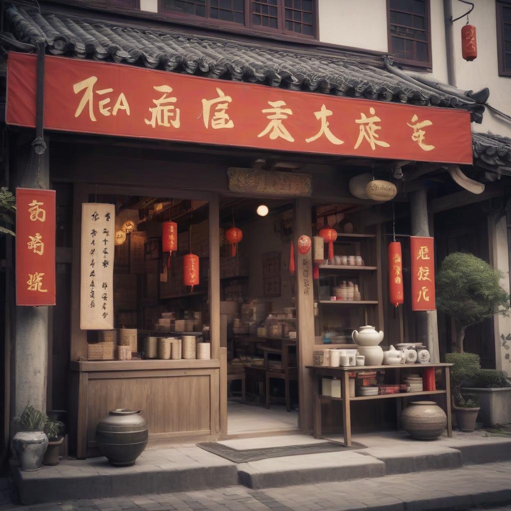  chinese town, tea store, tea ceremony, sign text “tea875”, epic foto, 4k