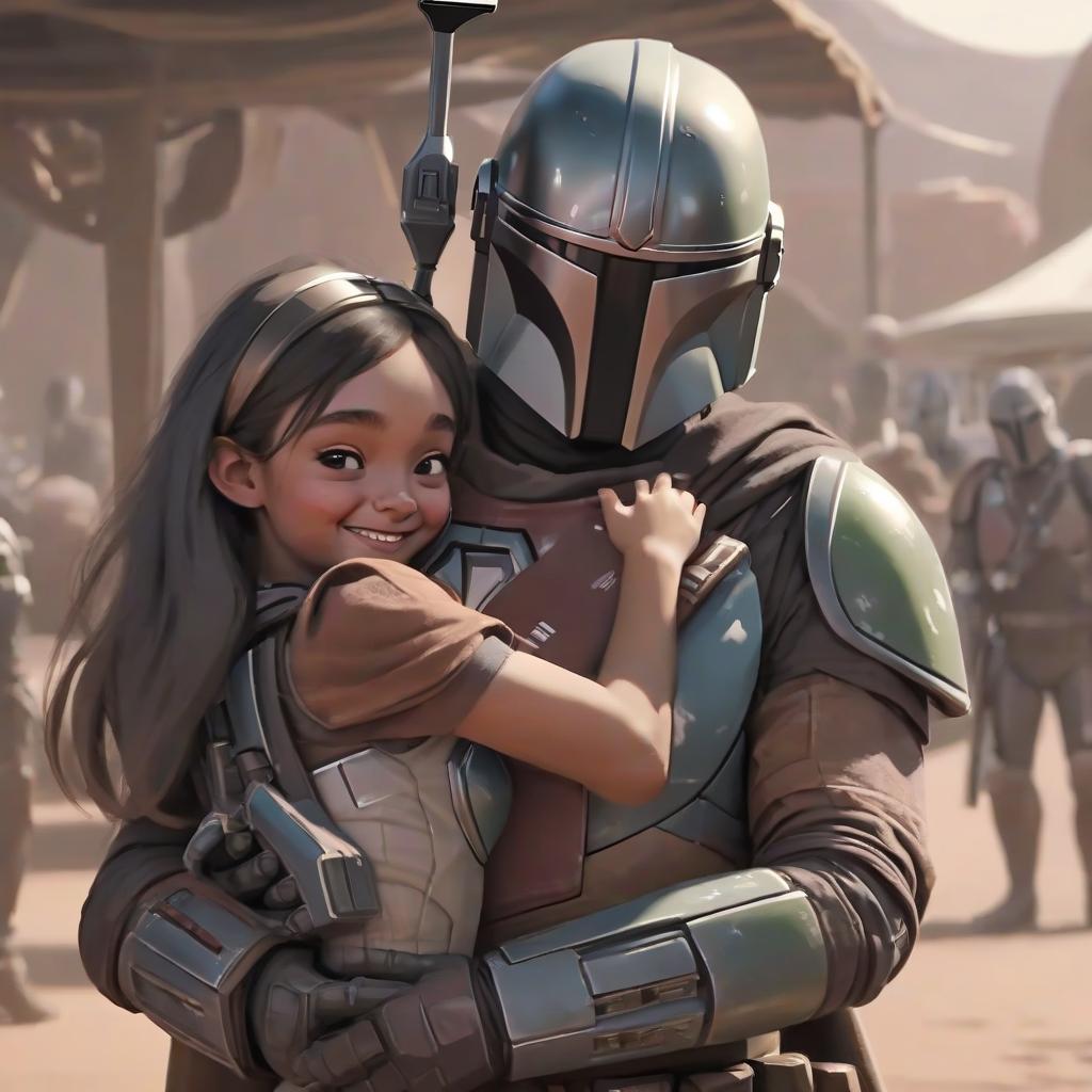  a mandalorian man hugs a girl and they're happy.