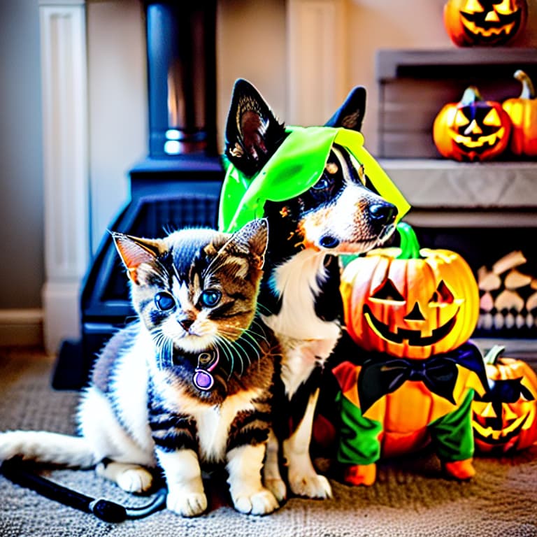  A ultra photorealistic image of a cute dog and a cute cat dressed up for Halloween, they are sitting side by side on a living room floor in front of a fireplace, the living room is decorated for Halloween and is focused, sharp, sharp contrast, ultra hd, resembling professional photography.