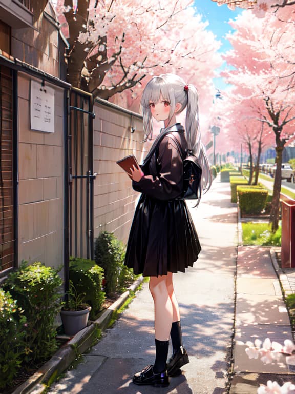  master piece, best quality, ultra detailed, highres, 4k.8k, silver haired, long haired , standing with a confident pose, innocent and cute expression, break a young with beautiful silver twin tails., courtyard, cherry blossom tree, bag, and a book, break serene and peaceful atmosphere, soft sunlight filtering through the cherry blossoms,