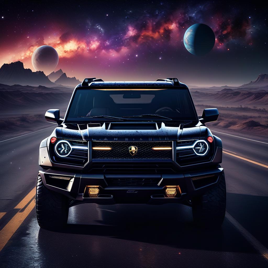  space themed black, brutal lamborghini ford bronco at night on the highway . cosmic, celestial, stars, galaxies, nebulas, planets, science fiction, highly detailed