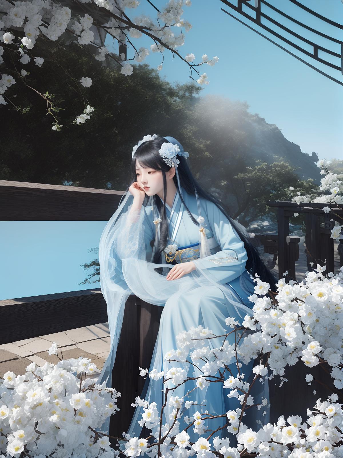  masterpiece, best quality, (fidelity: 1.4), best quality, masterpiece, ultra high resolution, poster, fantasy art, very detailed faces, 8k resolution, chinese style, an woman, side face, quiet, light blue hanfu, tulle coat, long black hair, light blue fringed hair ornament, hairpin, white ribbon, white flower bush, light blue butterfly flying, cinematic lighting effects