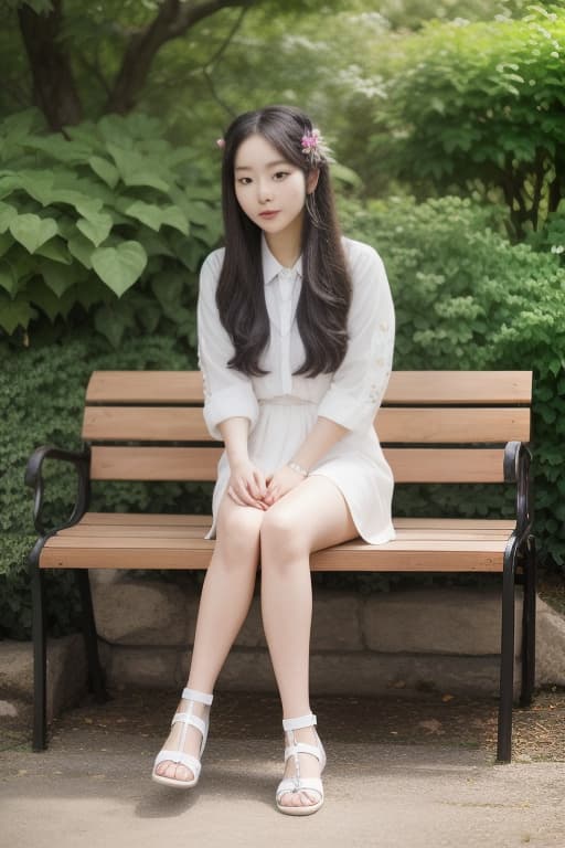  a full body portrait of a korean girl with long hair adorned with cute clips, sitting on a bench in a botanical garden, her face reflecting tranquility and contentment, advertising photo,high quality, good proportion, masterpiece , the image is captured with an 8k camera