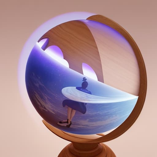  Transparant ball with a dreamscape inside, ball rests on a curved wooden pedestal