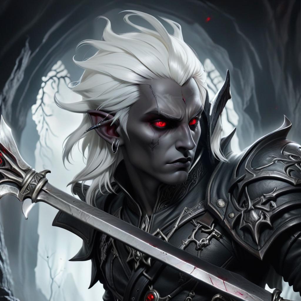  macabre style drow male elf cleric, graphite color skin, red eyes, silver medium haircut, white eyelashes, white brows, black leather jacket, dark cave temple . dark, gothic, grim, haunting, highly detailed, civitai