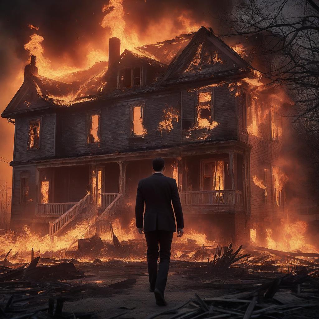  lovecraft's horror house on fire, young man flees monster