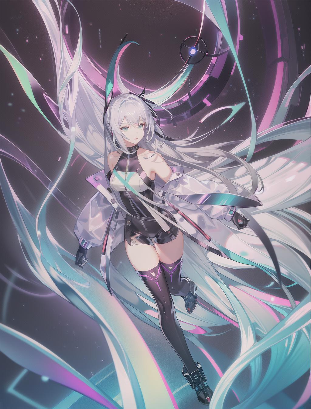  masterpiece, best quality, 1girl, lucy, black body suit, exposed shoulders, white jacket, neon lit city background, asymmetrical short and long undercut silver light purple light blue light green light yellow hair, silver neon eyes, red eyeliner, red lips, black thigh highs, black shorts