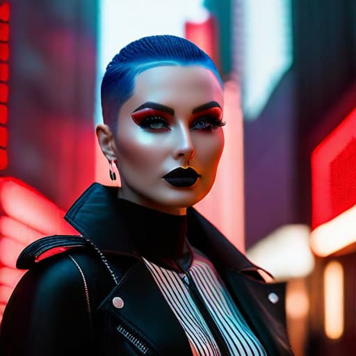  ultra realistic close up portrait ((beautiful pale cyberpunk female with heavy black eyeliner)), blue eyes, shaved side haircut, hyper detail, cinematic lighting, magic neon, dark red city, canon eos r3, nikon, f/1.4, iso 200, 1/160s, 8k, raw, unedited, symmetrical balance, in frame, 8k hyperrealistic, full body, detailed clothing, highly detailed, cinematic lighting, stunningly beautiful, intricate, sharp focus, f/1. 8, 85mm, (centered image composition), (professionally color graded), ((bright soft diffused light)), volumetric fog, trending on instagram, trending on tumblr, HDR 4K, 8K