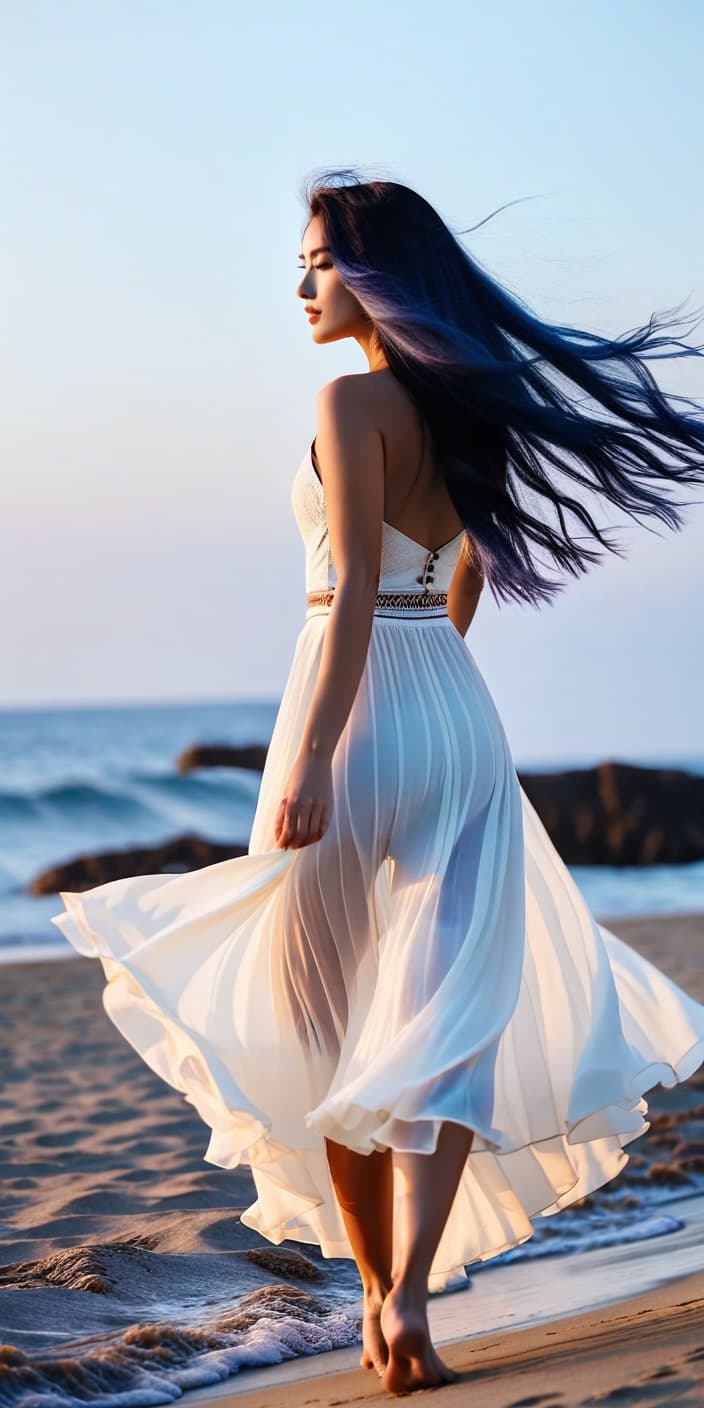  cinematic photo a with long loose indigo hair below the waist, fluttering in the wind, and pale skin stands on the seashore and admires the sunrise, straightening up to her full height. . 35mm photograph, film, bokeh, professional, 4k, highly detailed