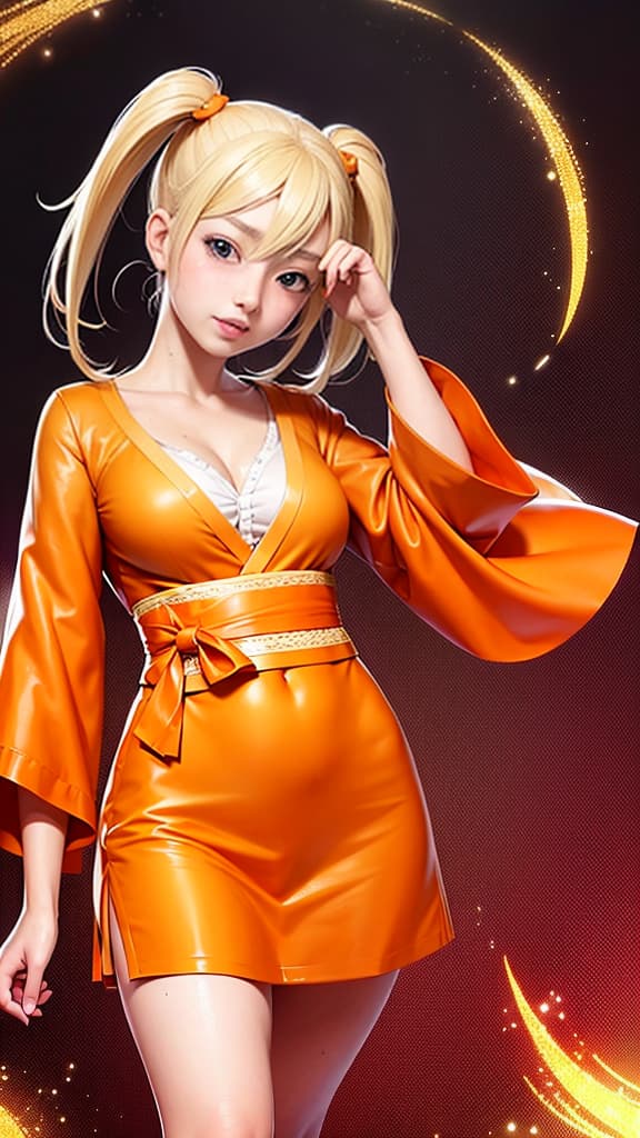  Hiyoko Saionji from the game Danganronpa. she has blonde pigtails and wears a orange kimono