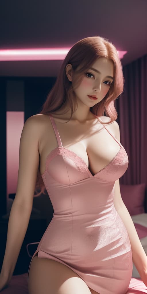  masterpiece, best quality, an alluring image of a in a pink standing before a bed, her flawless figure ed in a soft pink light. the atmosphere exudes sensuality and elegance, creating a feeling of intimacy. the style is ultra realistic, bringing out every curve and texture with striking clarity. the overall realization is reminiscent of a modern, high quality photograph.