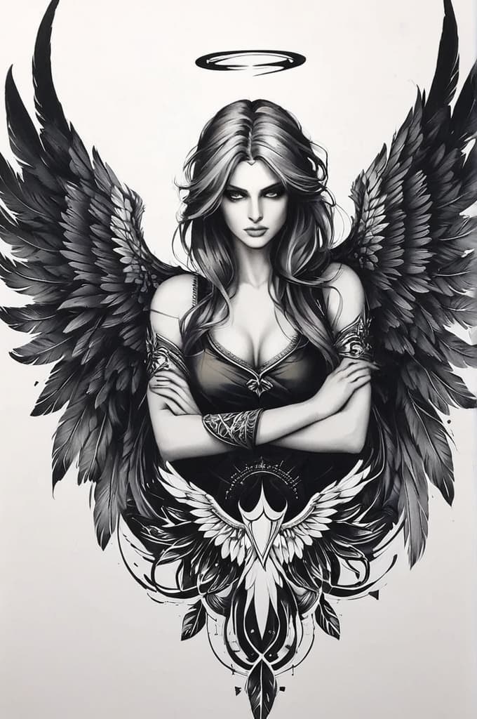  strong angel looking down wit white wings , (tattoo sketch:1.25), drawing