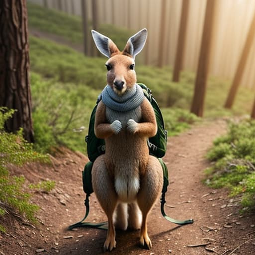  kangaroo wearing a backpack on a hiking trail hyperrealistic, full body, detailed clothing, highly detailed, cinematic lighting, stunningly beautiful, intricate, sharp focus, f/1. 8, 85mm, (centered image composition), (professionally color graded), ((bright soft diffused light)), volumetric fog, trending on instagram, trending on tumblr, HDR 4K, 8K