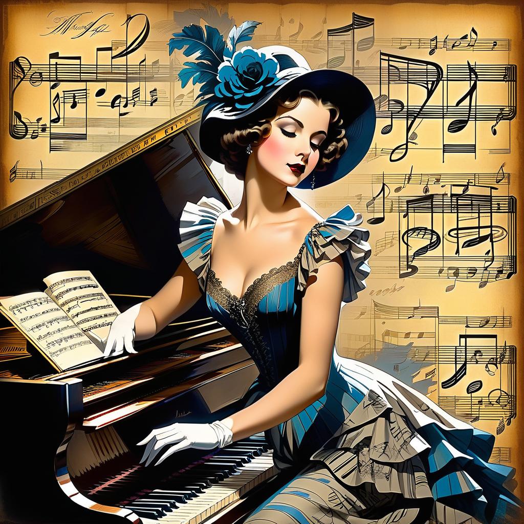  collage style a 19th century woman at the piano. musical notes, very beautiful, cinematic, calligraphic lines. rolf armstrong, darkness, creepy, mysterious, modern vintage, rich deep colors, boho style, beautiful patterns, illustrations in the style of peter sokolov . mixed media, layered, textural, detailed, artistic