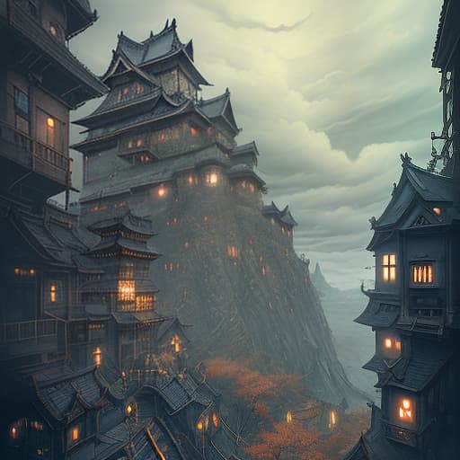  landscape, in the distance, a japanese castle to which 6 narrow stairs lead from different sides, which stands on a clockwork mechanism, a large gear, everywhere clouds, steam, cloudy weather, steampunk, blue sky, dark , creepy , blood , monsters , by jason engle , carlos huante , charlie bowater , simon lee , brom