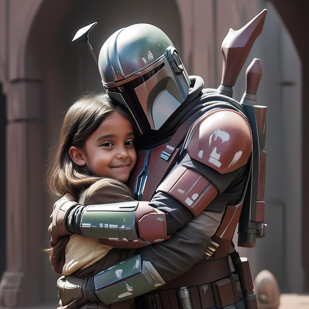  mandalorian and girl hugging.