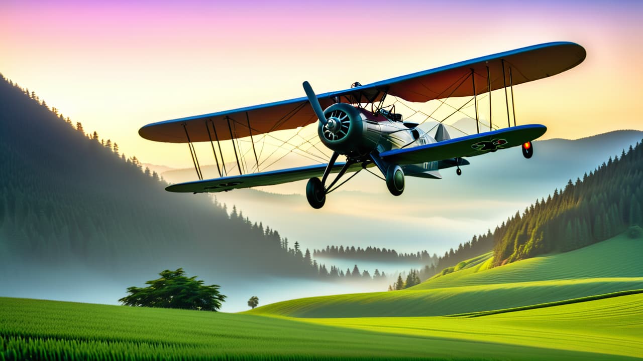  a serene sky at dawn, featuring a vintage biplane soaring above lush green fields, with a backdrop of majestic mountains, symbolizing the dawn of aviation and human innovation in flight. hyperrealistic, full body, detailed clothing, highly detailed, cinematic lighting, stunningly beautiful, intricate, sharp focus, f/1. 8, 85mm, (centered image composition), (professionally color graded), ((bright soft diffused light)), volumetric fog, trending on instagram, trending on tumblr, HDR 4K, 8K