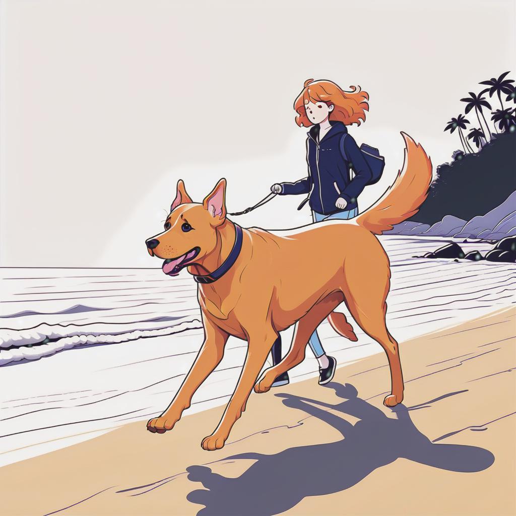  line art drawing a walks along the seashore in a long . a big ginger dog is running next to her, same nightmare. anime style . professional, sleek, modern, minimalist, graphic, line art, vector graphics