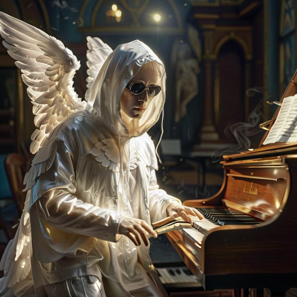  hyperrealistic art angel in white hood with no face in black sun protective glasses with white large wings plays the piano . extremely high resolution details, photographic, realism pushed to extreme, fine texture, incredibly lifelike, hkmagic, glowneon