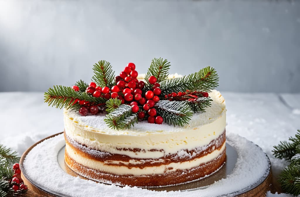  professional detailed photography, white christmas cake with red berries decorated with fir branches on a snowy background with highlights and space for text ar 3:2, (muted colors, dim colors, soothing tones), (vsco:0.3)