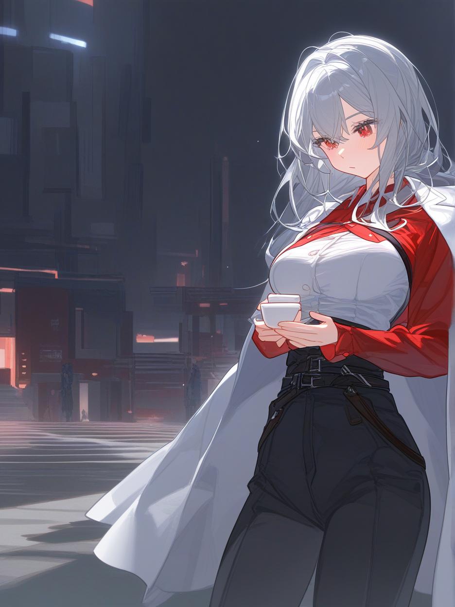  a strong woman, silver long hair. she has deep, beautiful red eyes that are very prominent, white eyelashes that are very prominent in the eyes. she wears dark dress pants. a red shirt with buttons on the front seam, two thin belts under the bust. a light gray lab coat on the shoulders. a very strong and slender body, his strong abdomen shows in the red shirt. the background is a futuristic area where people practice combat in the background. she has a cup of coffee in her hands. well highlighted eyes with white eyelashes details, 8k. . best quality, high resolution