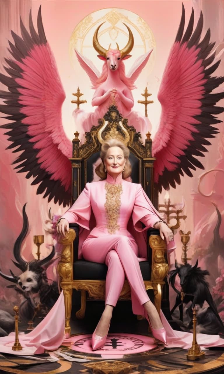  concept art color pink, white, black, gold meryl streep . digital artwork, illustrative, painterly, matte painting, highly detailed, perfect hands