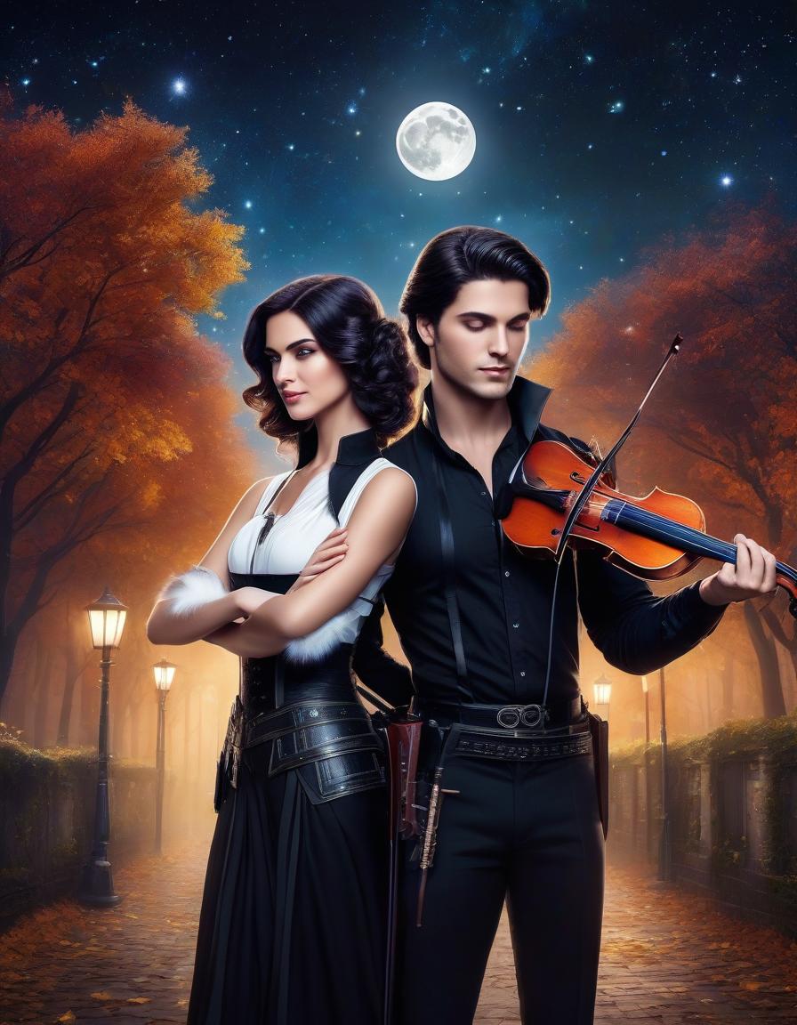  space themed ilration for the book: a couple of a guy and a : an androgynous age with dark wavy hair to his shoulders in a black shirt with rolled up sleeves and black trousers, with a violin and a bow, and a of slavic appearance with dark hair in a bob, in a white dress with a very fluffy above the , with a violin and a bow, standing with their backs to each other on an autumn alley and playing the violins, with the moon and stars in the sky. clear detailing . cosmic, celestial, stars, galaxies, nebulas, planets, science fiction, highly detailed