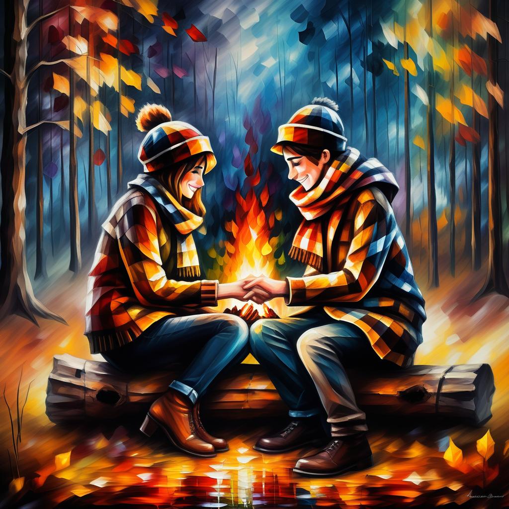  (style of leonid afremov:1.5), two young people in love, checkered scarves, checkered berets, sit in front of a fire in an autumn forest, holding hands, epic realism, anime features, dark fantasy, abstract horror, desaturated color palette, gothic and renaissance aesthetic, (happy smiles:1.4 ),