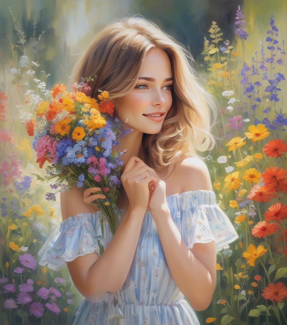  garden wonders, beautiful woman holding a bouquet of wild flowers to her face, detailed summer garden background, wearing a summer dress, perfect face, delicate face, vivid colors, happiness, oil painting, expressive brushwork, highly detailed, delicate details