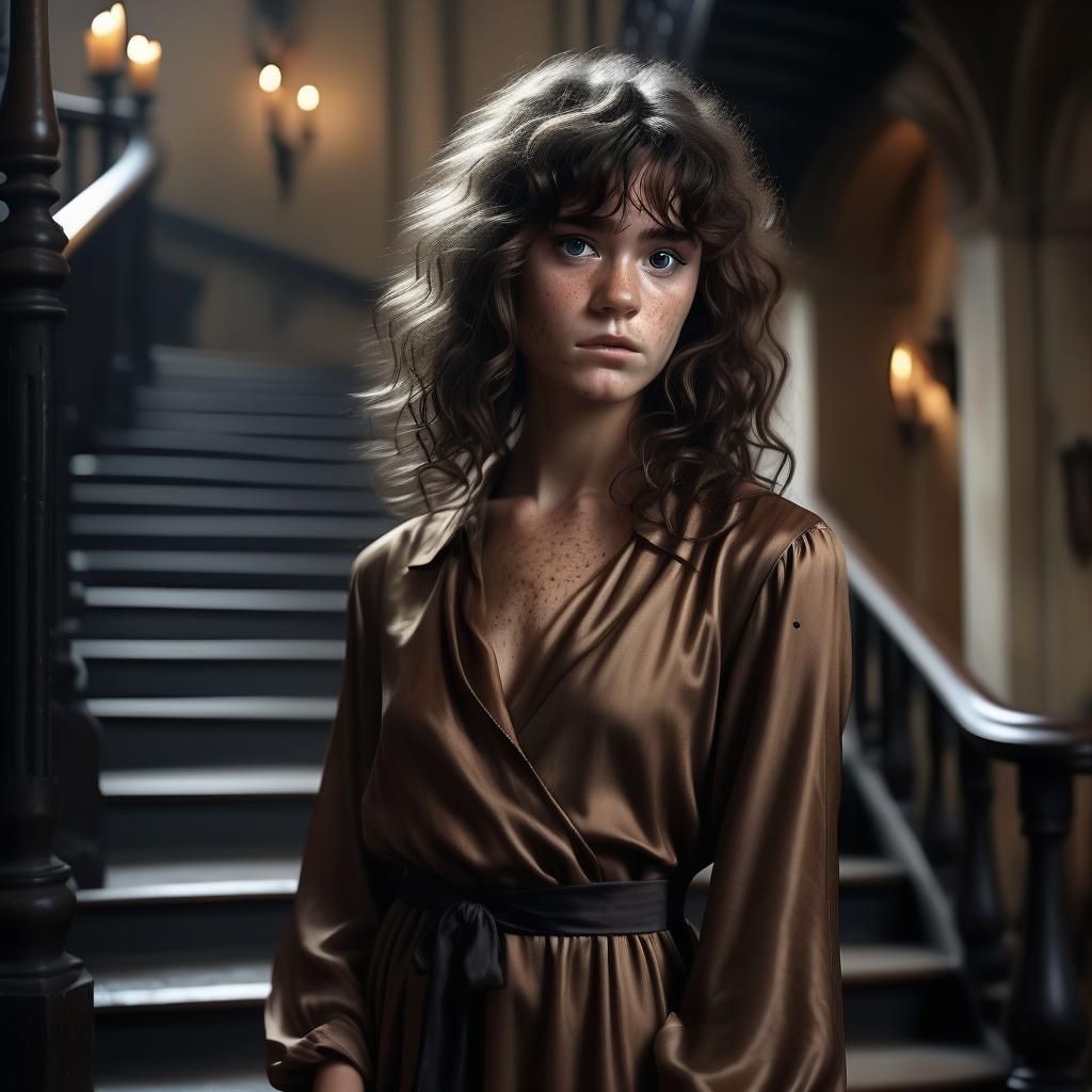  cinematic photo art, drawing, staircase hogwarts, serious long haired shaggy curly girl with long chocolate hair with freckles and brown eyes, she is dressed in a powdered silk dress, "the guy is dressed in a black silk shirt, black tie, top of the robe, the man is laid on the parting short black hair, slightly curly bangs fall on the forehead, black eyes, arrogant look" . 35mm photograph, film, bokeh, professional, 4k, highly detailed