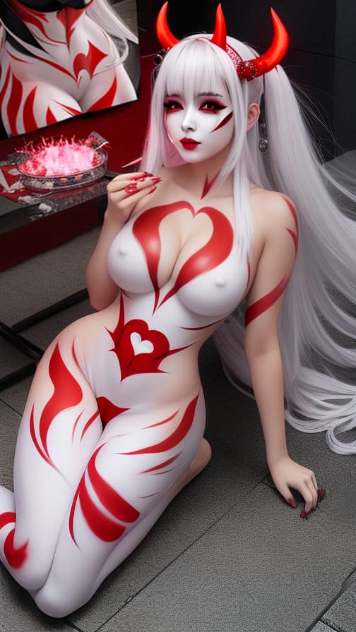  Full body red and White flame pattern body paint,silver body paint on the whole body, White face paint on the face,succubus 女性