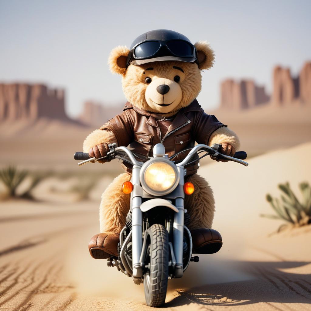  cheerful teddy bear riding motorbike in a desert