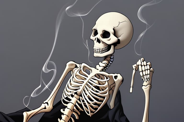  A skeleton holding money and smoking cigarettes