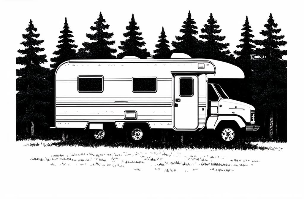  contour, very simple image in one unbroken black ink line, single line of camping truck parked in forest among trees, engraving black and white illustration on white background ar 3:2 using a single continuous black line ink brushon white background, drawing should be created without lifting the pen, recognizable features of camping truck parked in forest among trees, engraving black and white illustration on white background ar 3:2 in one unbroken line