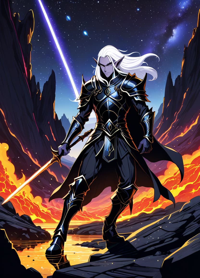  a humorous illustration. bright colors, cartoon style. on the black background, shiny contours outlines of silhouette of dark elf man in black armor and black boots trains with a spear, long white hair, in full length, against the backdrop of lava fields and black mountains, frame with intricate thin ornamentation from comet, stars and cosmic dust: (thin: 1,4) lines ,