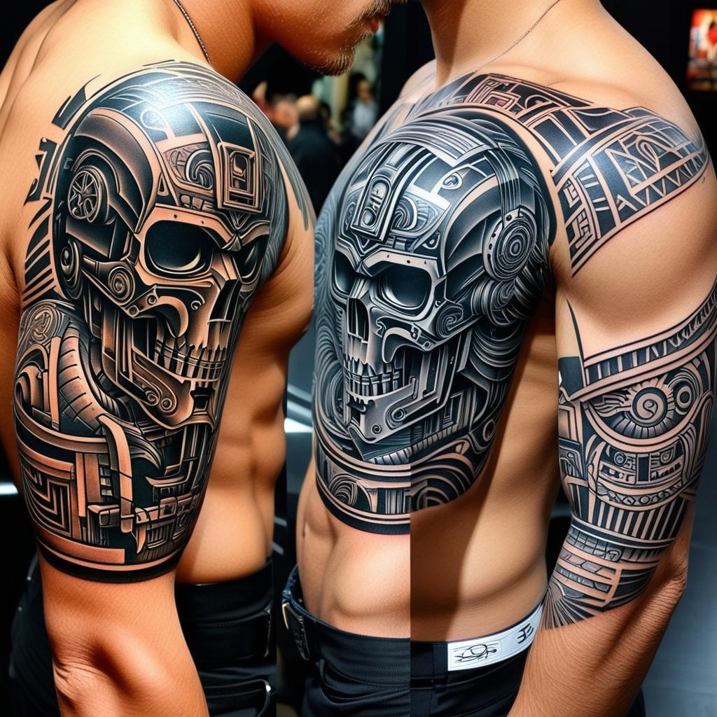  terminator, exposed mechanical mix with mayan culture starting from shoulder, (tattoo), (sleeve tattoo design on the arm)