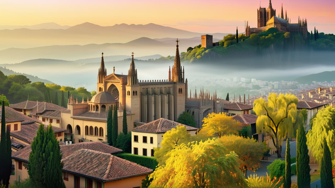  @ image prompt: "an artistic representation of spain's rich tapestry, featuring iconic architectural landmarks like the alhambra and sagrada familia, vibrant cultural elements such as traditional festivals and flamenco dancers, delicious spanish dishes like paella and tapas, and warm interactions among diverse groups of people, all set against the backdrop of spain's picturesque landscapes." hyperrealistic, full body, detailed clothing, highly detailed, cinematic lighting, stunningly beautiful, intricate, sharp focus, f/1. 8, 85mm, (centered image composition), (professionally color graded), ((bright soft diffused light)), volumetric fog, trending on instagram, trending on tumblr, HDR 4K, 8K