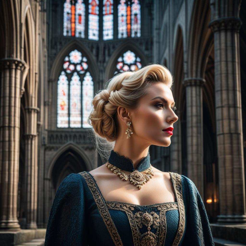  a subtly lit portrait of a blond european woman against the backdrop of a dimly lit gothic cathedral, her hair styled into an intricate victorian updo. capture using a pentax 645z and a 85mm f/1.4 lens, highlighting her strong yet elegant features. imprint 'astravision.ai' watermark at the lower right corner. hyperrealistic, full body, detailed clothing, highly detailed, cinematic lighting, stunningly beautiful, intricate, sharp focus, f/1. 8, 85mm, (centered image composition), (professionally color graded), ((bright soft diffused light)), volumetric fog, trending on instagram, trending on tumblr, HDR 4K, 8K